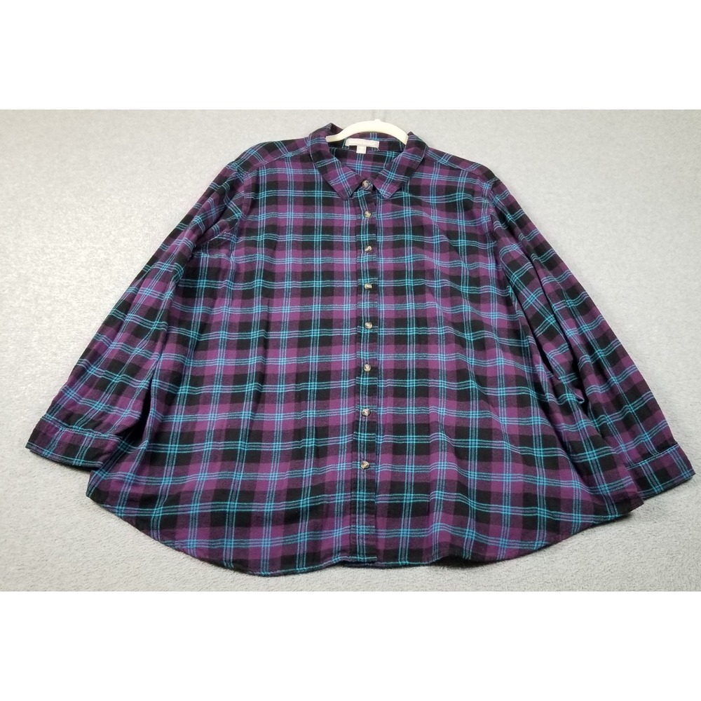 Woman Within Flannel Shirt Womens 1X 22 24 Purple Blue Plaid Button Up Fall Cozy